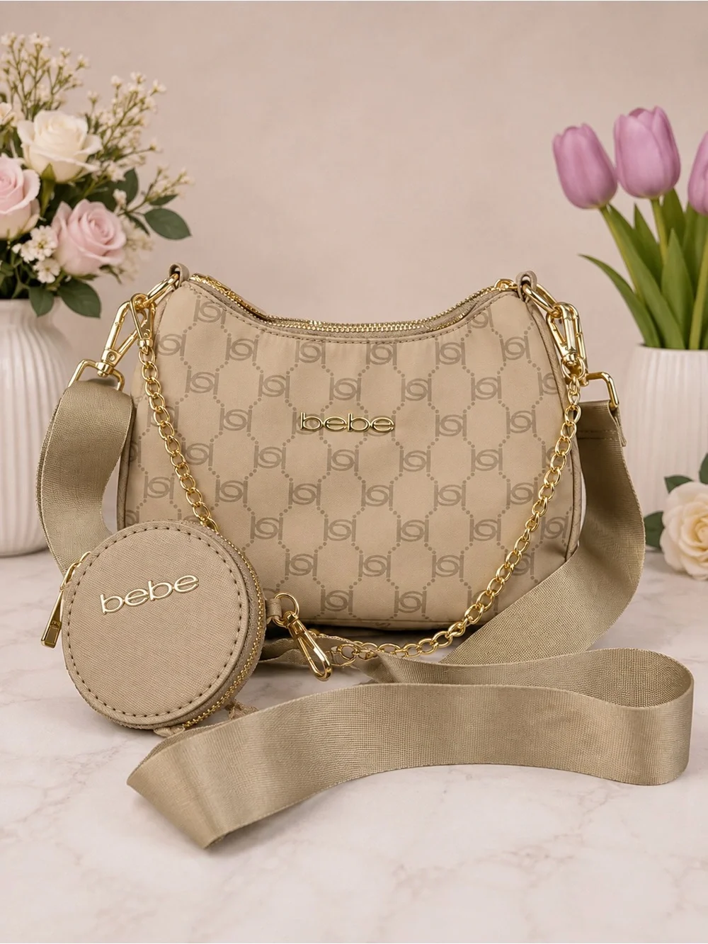 bebe Taupe Logo Crossbody with Gold Chain & Coin Pouch